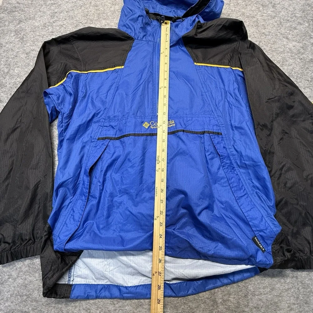 Columbia Packable Anorak Mens M Blue Black Hooded Windbreaker Jacket